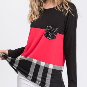 Plaid Stitched Sequin Pocket Top
